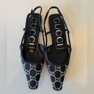Gucci Crystal-Embellished GG Slingback Flats Black EU 36 US 6 Shoes Authentic